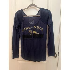 WE THE FREE Navy ‘Finlandia’ Long Sleeve V-neck Top M Cotton crochet academia